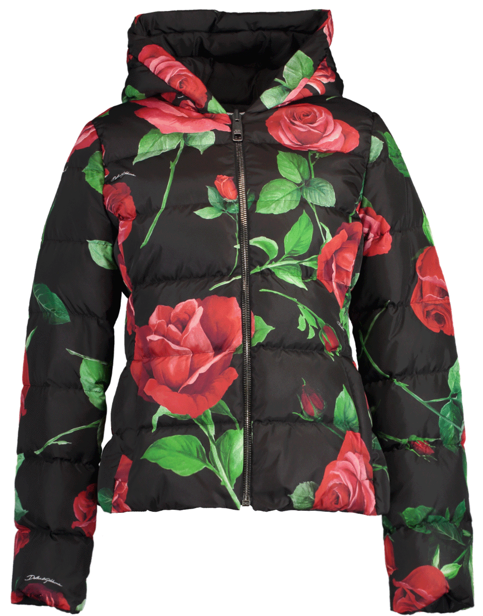 DOLCE & GABBANA-Rose Print Fitted Down Jacket with Hood-