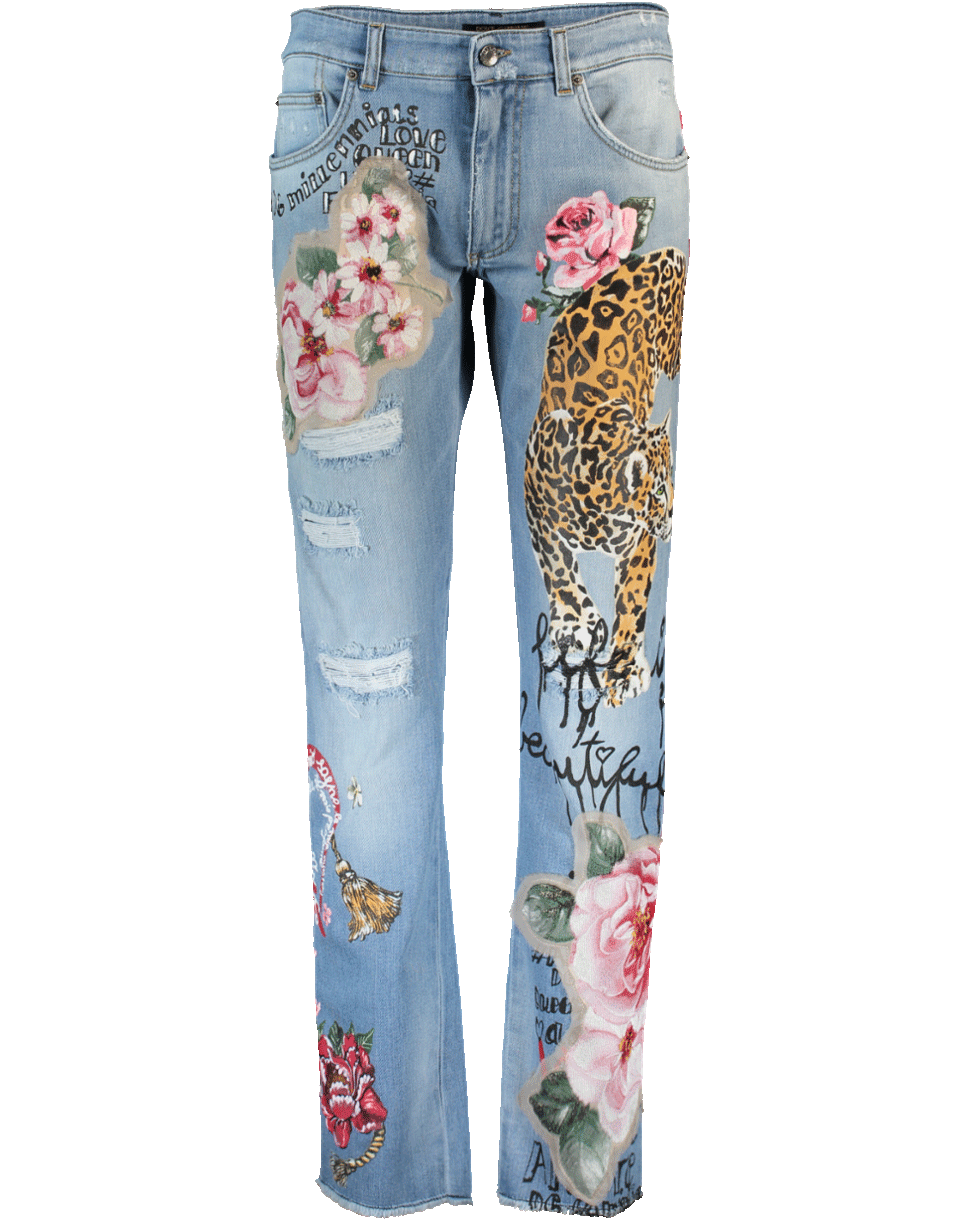 DOLCE & GABBANA-Floral And Leopard Distressed Jean-