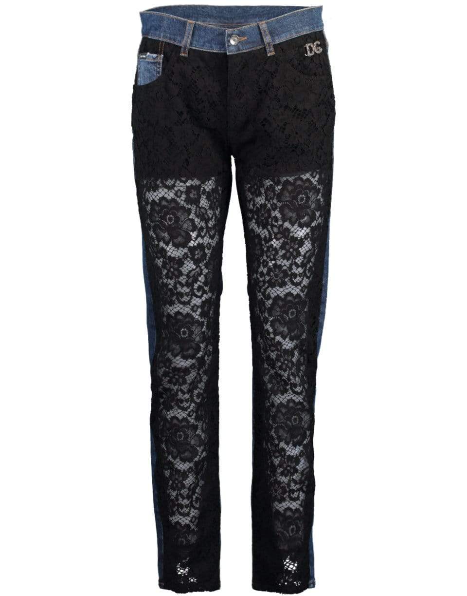 DOLCE & GABBANA-Denim and Lace Boyfriend Jeans-BLK/DEN