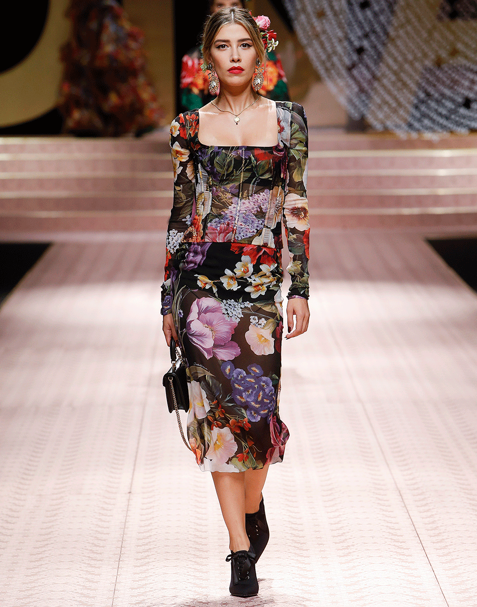 DOLCE & GABBANA-Floral Sheer Stretch Pencil Skirt-