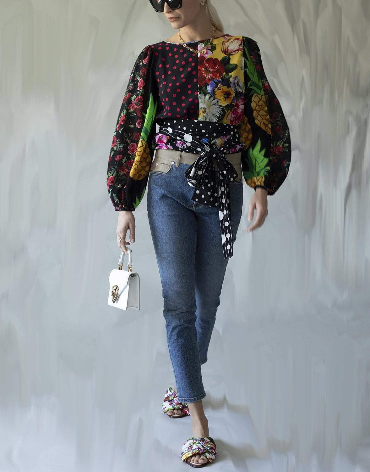 DOLCE & GABBANA-Long-Sleeved Patchwork Crepe De Chine Blouse With Belt-