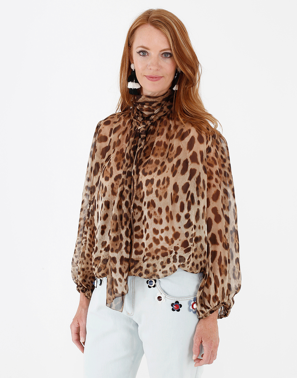 DOLCE & GABBANA-Chiffon Neck Tie Blouse-LEOPARD