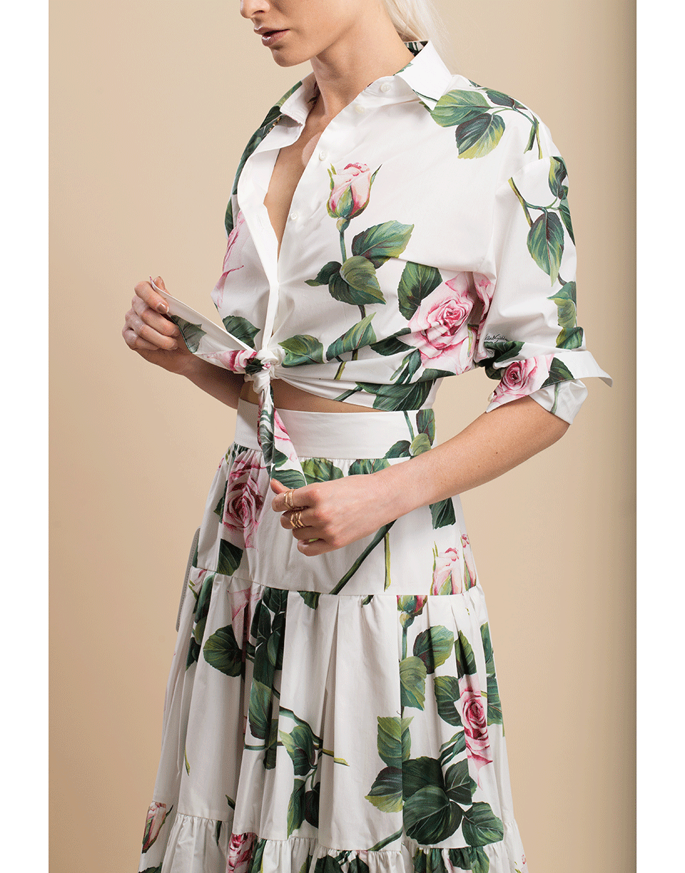 DOLCE & GABBANA-Tropical Rose Print Cropped Tie Blouse-