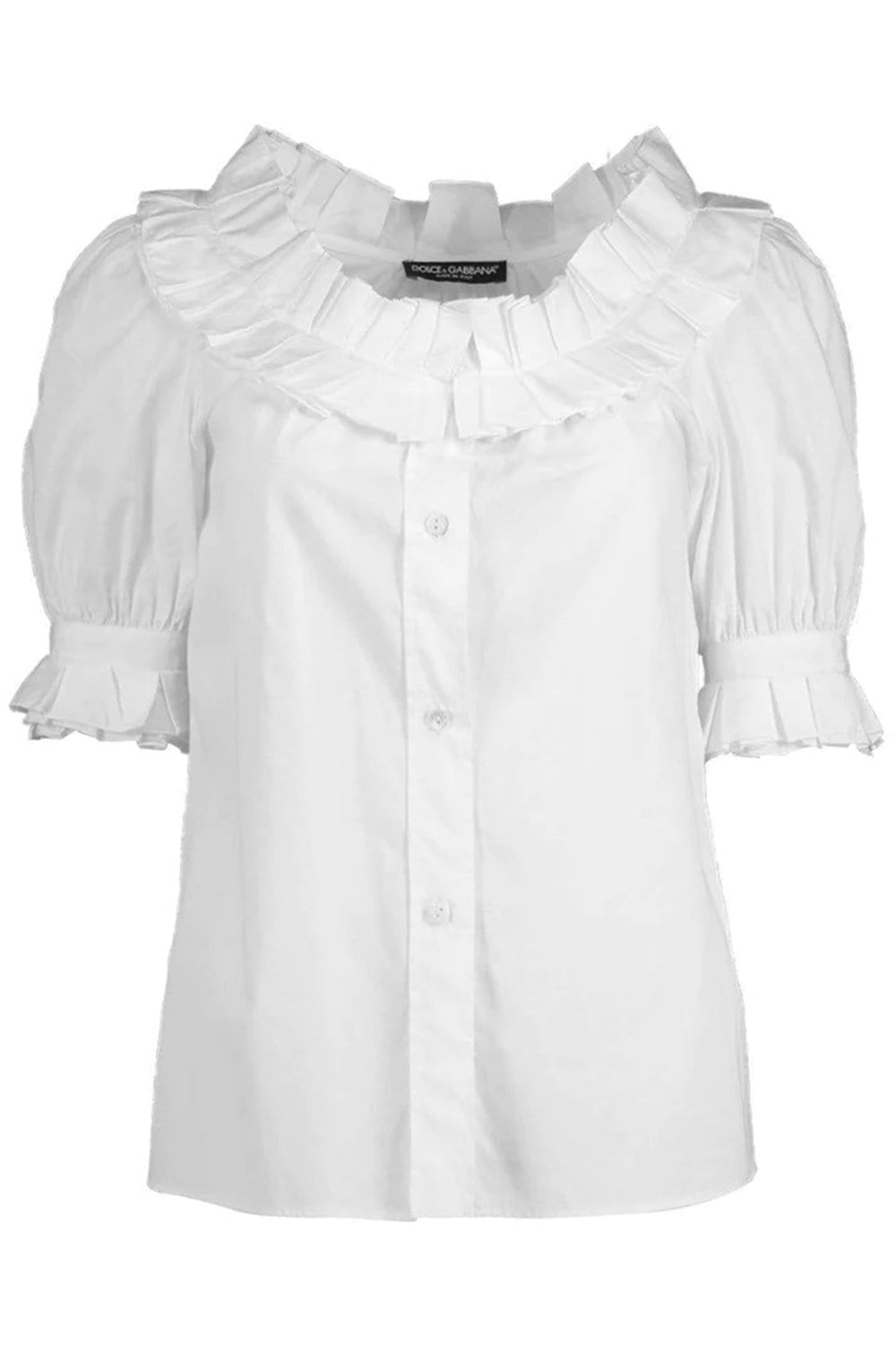 DOLCE & GABBANA-Short Sleeve Ruffle Button Up Blouse-WHITE