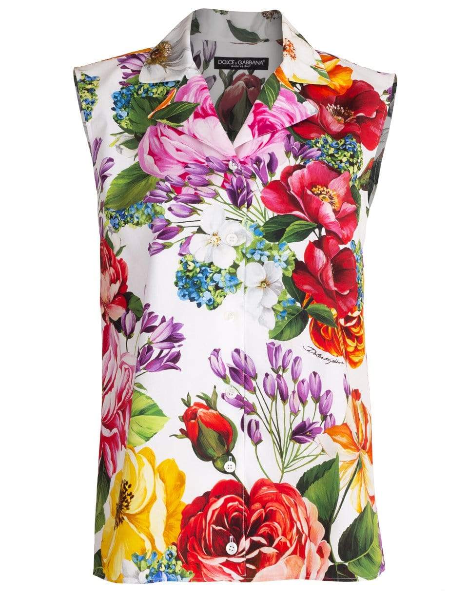 DOLCE & GABBANA-White Mix Floral Sleeveless Blouse-