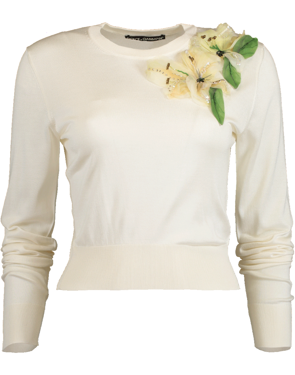 DOLCE & GABBANA-Crewneck Pullover with Flower Embellishment-