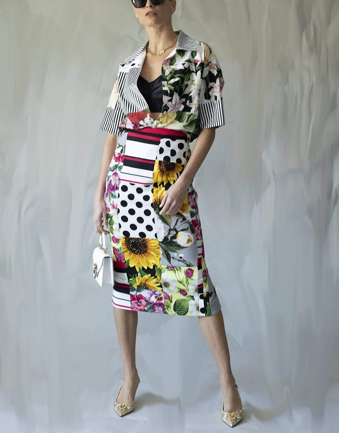 DOLCE & GABBANA-Cotton Poplin Patchwork Bowling Shirt-