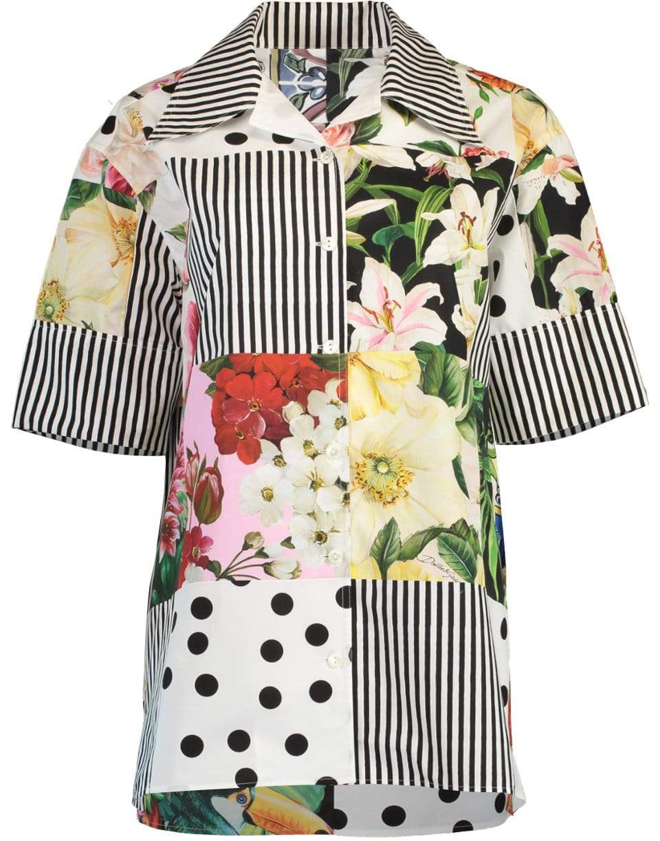DOLCE & GABBANA-Cotton Poplin Patchwork Bowling Shirt-