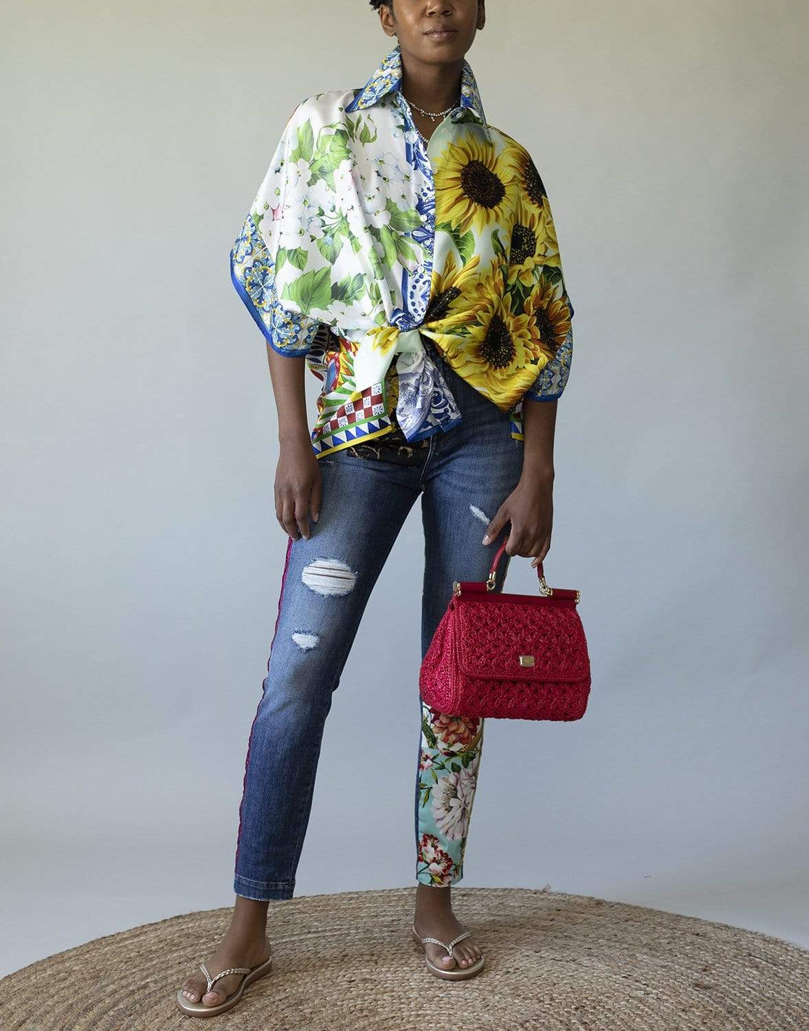 DOLCE & GABBANA-Floral Patchwork Silk Bowling Shirt-