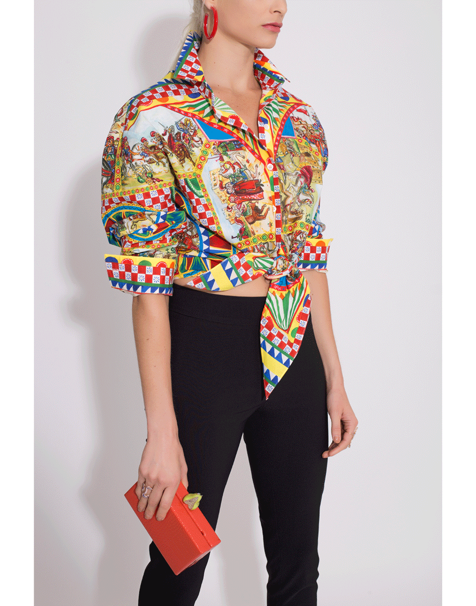 DOLCE & GABBANA-Printed Poplin Tie Front Top-