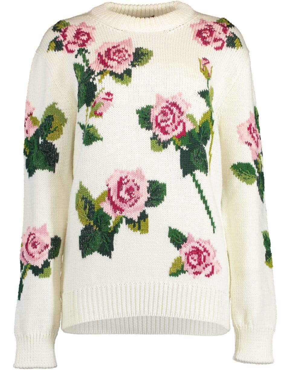 DOLCE & GABBANA-White Rose Intarsia Crewneck Pullover-WHT/ROSE