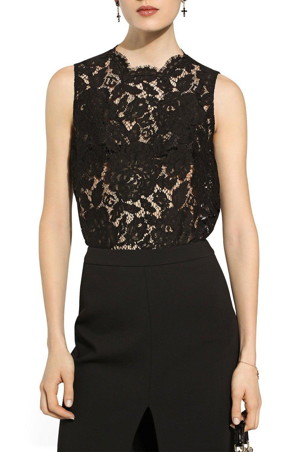 DOLCE & GABBANA-Branded Floral Lace Top - Black-