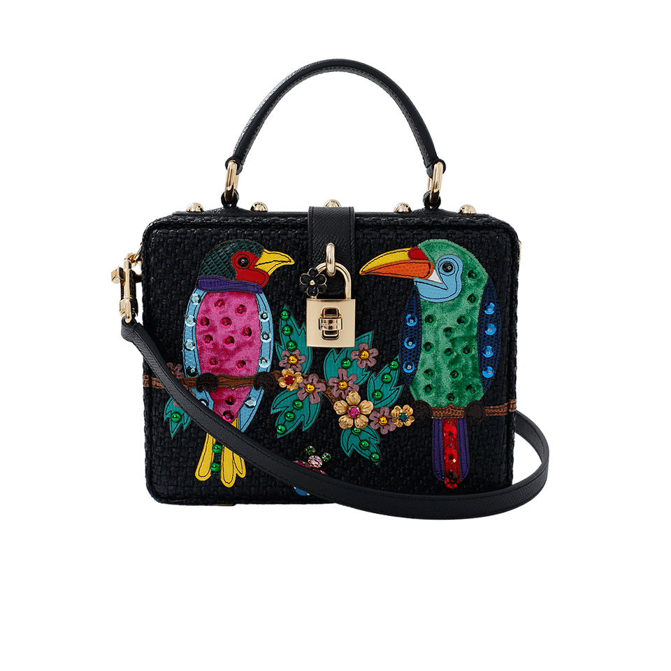 DOLCE & GABBANA-Parrot Embellished Raffia Box-NERO