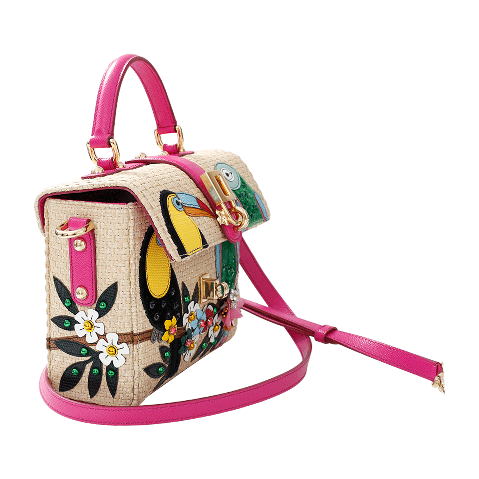DOLCE & GABBANA-Parrot Embellished Raffia Box-ROSA