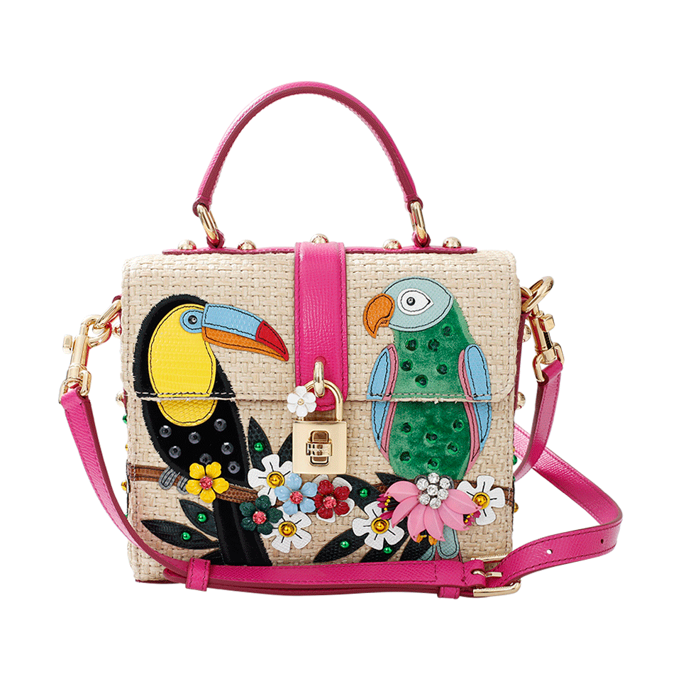 DOLCE & GABBANA-Parrot Embellished Raffia Box-ROSA