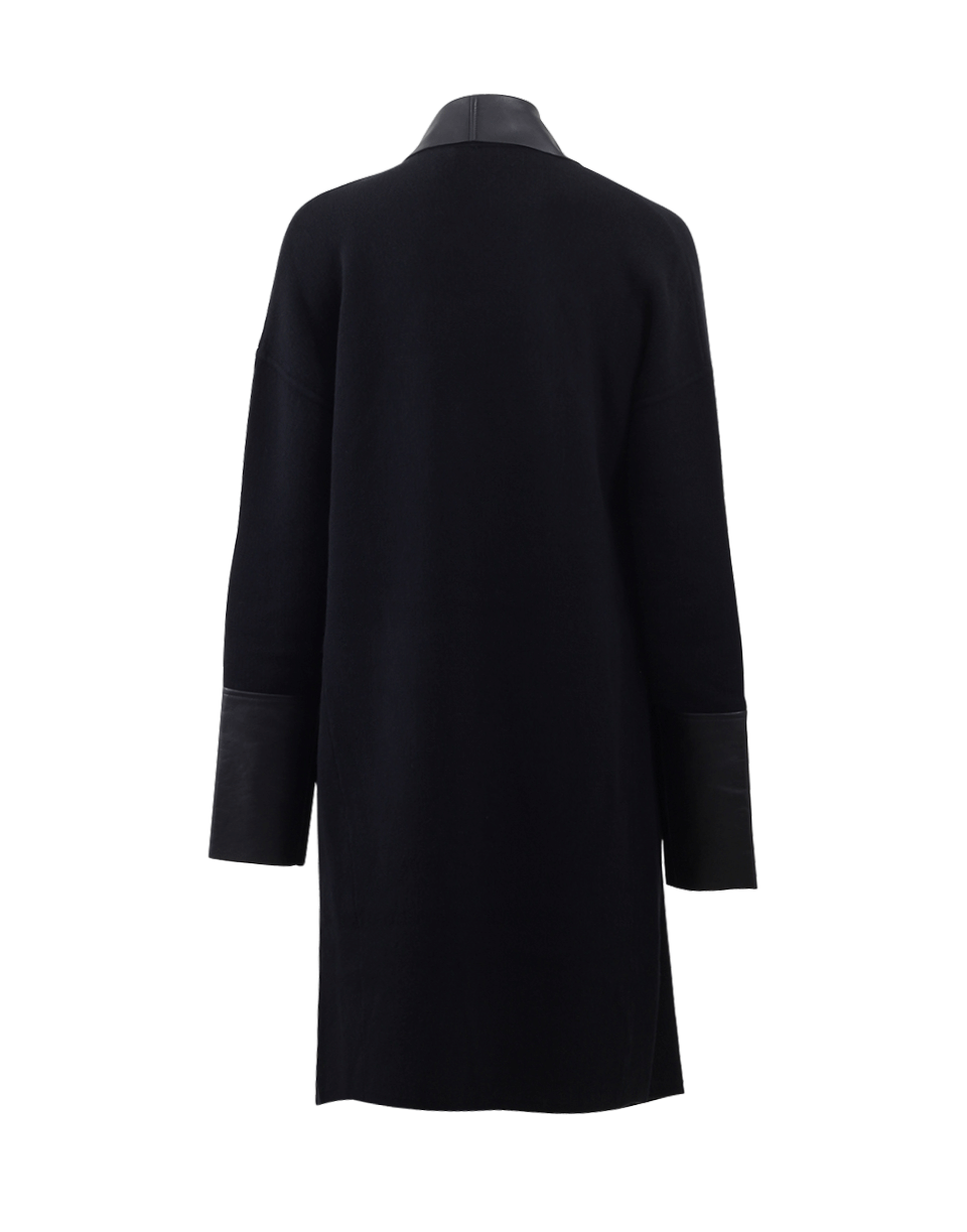 DONNA KARAN-Draped Leather Trim Coat-BLACK