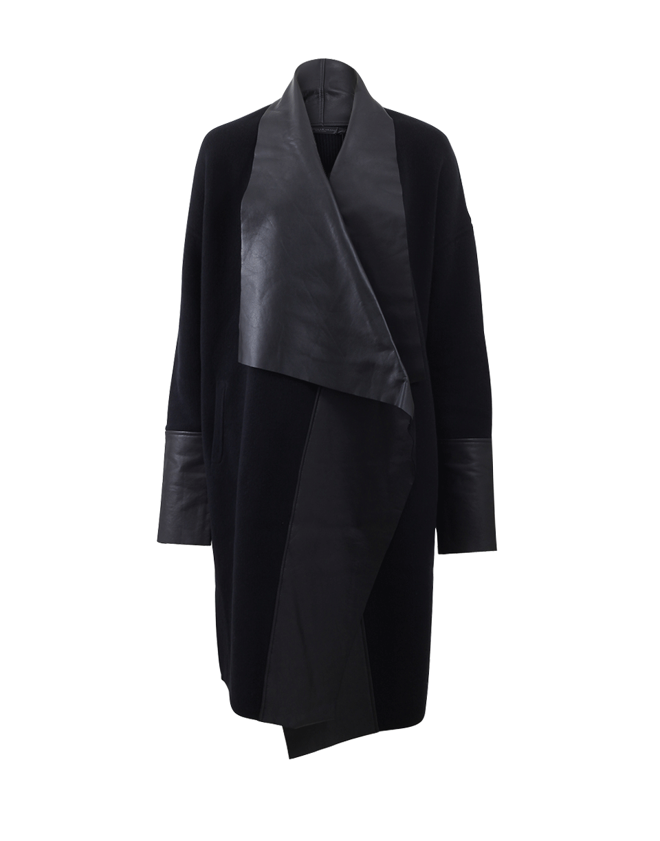DONNA KARAN-Draped Leather Trim Coat-BLACK