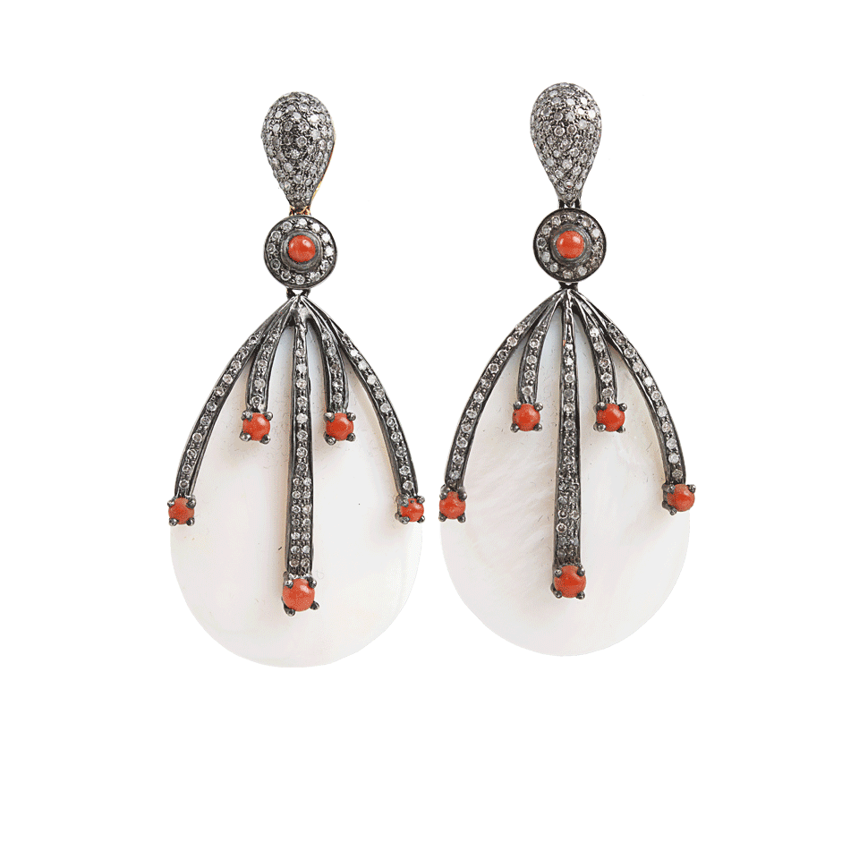 DORIE LOVE-Mother of Pearl, Diamond and Coral Drop Earrings-OXDZSLVR