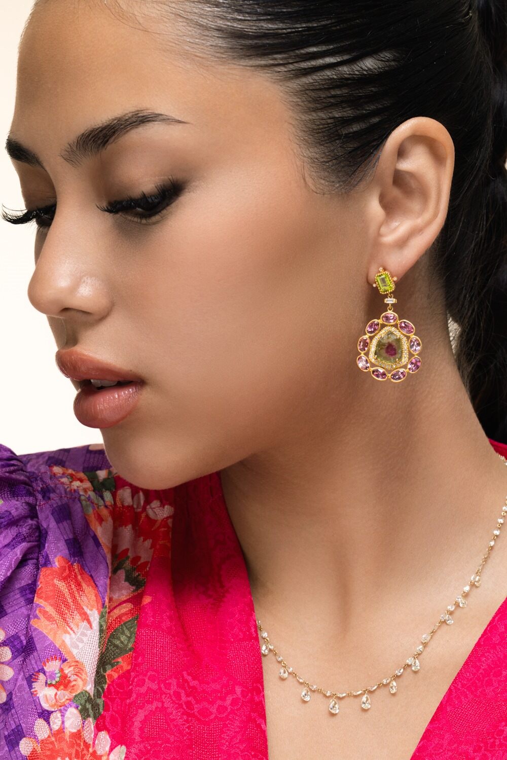 Watermelon Tourmaline Peridot Flower Earrings-YELLOW GOLD-JEWELRYFINE JEWELEARRING-COOMI