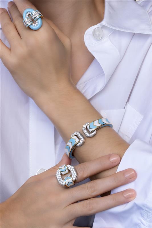 Blue Chevron Double Buckle Bracelet-YELLOW GOLD-JEWELRYFINE JEWELBRACELET O-DAVID WEBB