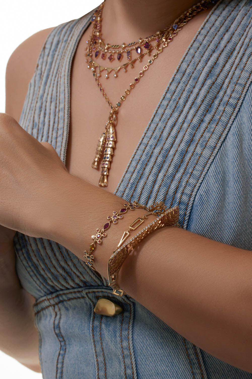 Sapphire Diamond Horizon Bangle Bracelet-YELLOW GOLD-MED-JEWELRYFINE JEWELBRACELET O-EDEN PRESLEY