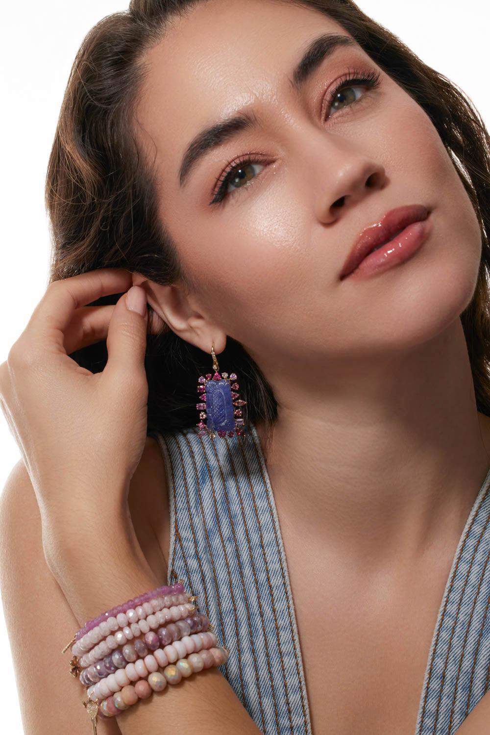 Carved Tanzanite Mixed Pink Earrings-YELLOW GOLD-JEWELRYFINE JEWELEARRING-EDEN PRESLEY