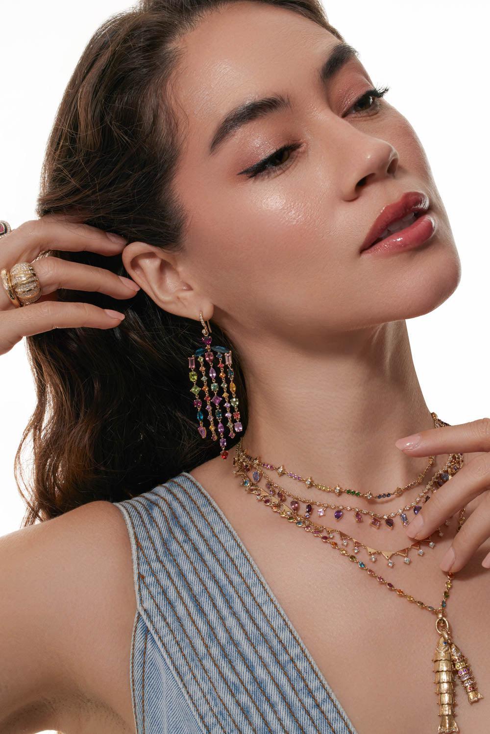 Mixed Tourmaline Fringe Earrings-YELLOW GOLD-JEWELRYFINE JEWELEARRING-EDEN PRESLEY
