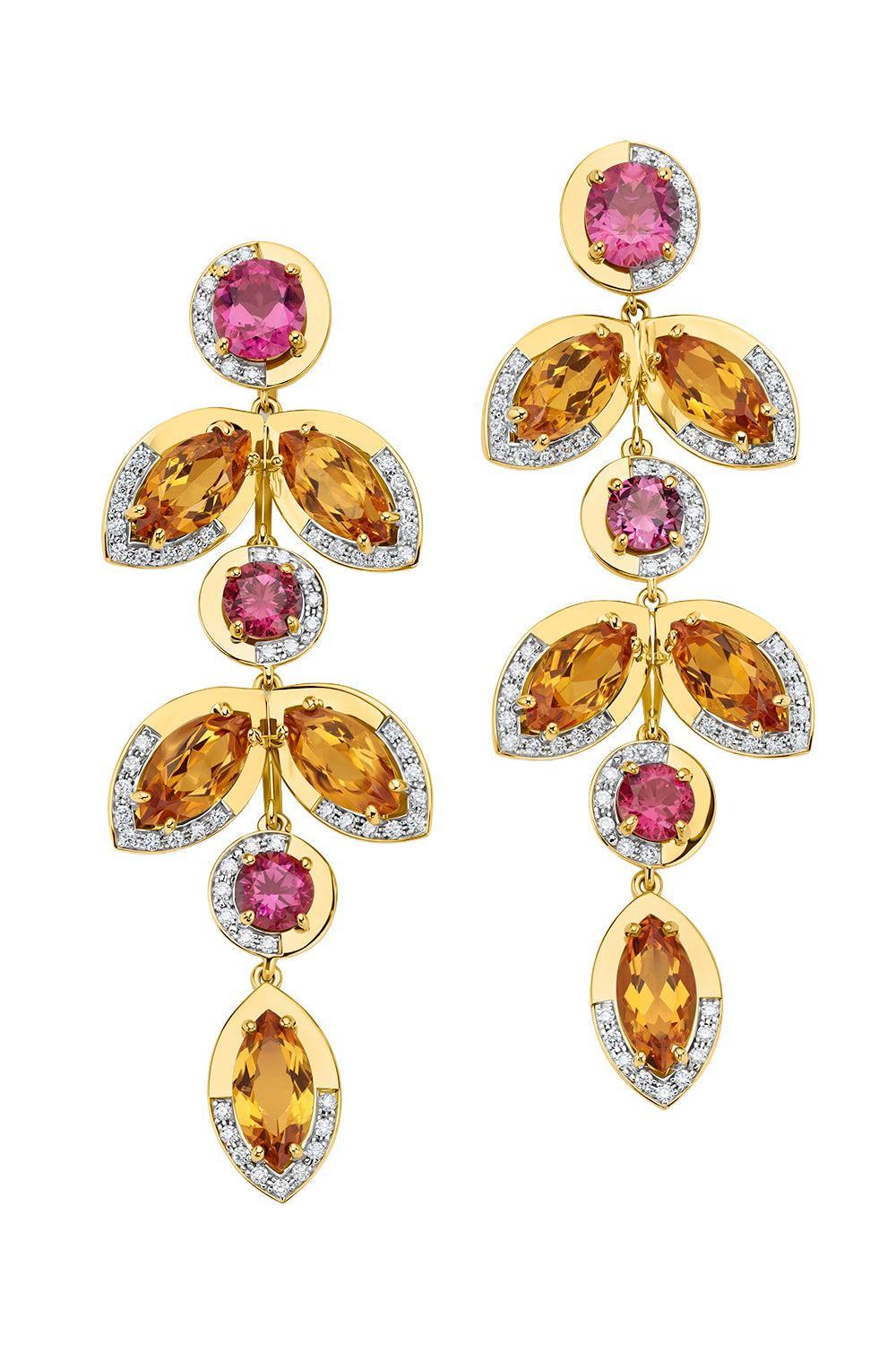 Tourmaline Diamond Falling Leaves Earrings-YELLOW GOLD-JEWELRYFINE JEWELEARRING-EDINA KISS