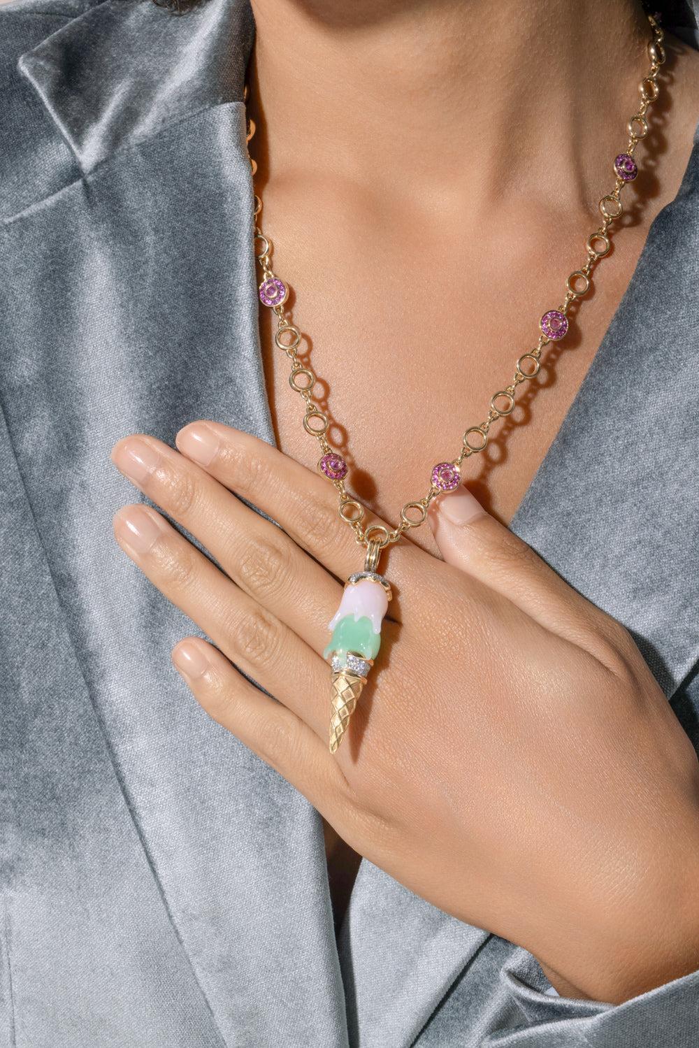 Chrysoprase Opal Diamond Cone Pendant-YELLOW GOLD-JEWELRYFINE JEWELPENDANT-EDINA KISS
