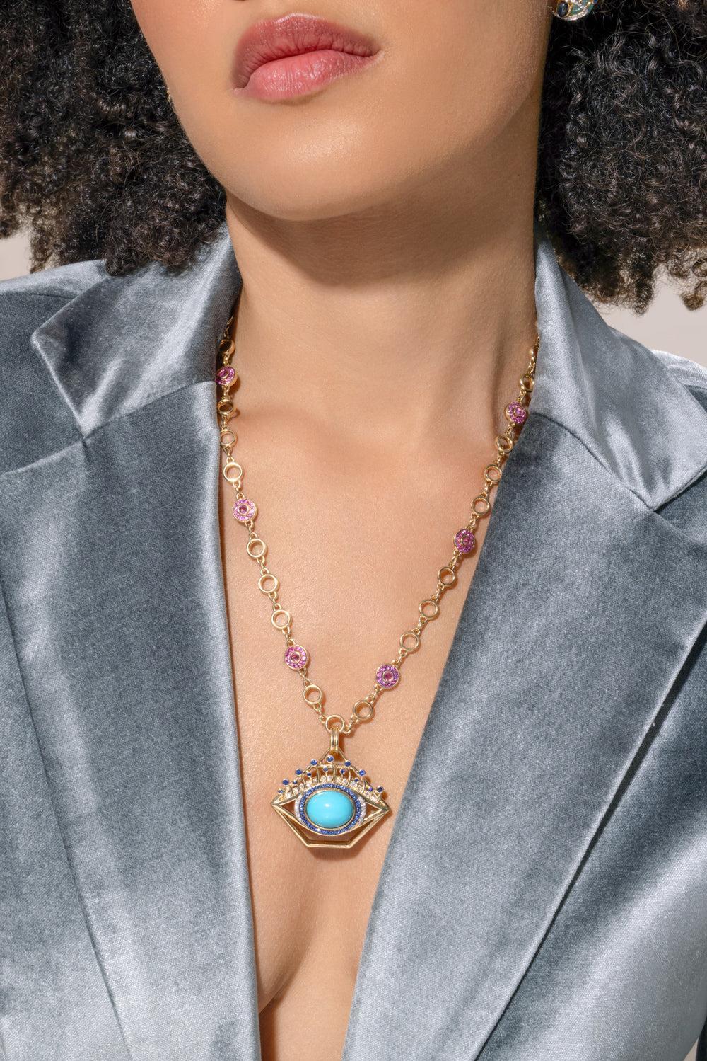 Turquoise Sapphire Diamond Eye Pendant-YELLOW GOLD-JEWELRYFINE JEWELPENDANT-EDINA KISS