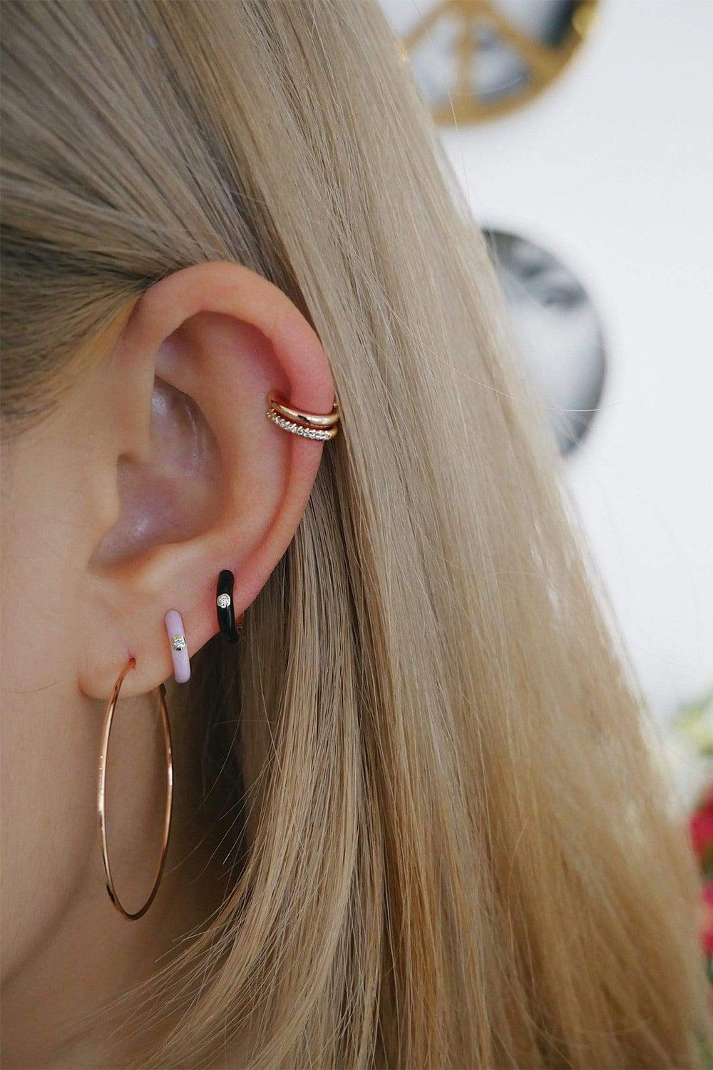EF COLLECTION-Diamond Black Enamel Huggie Earring-ROSE GOLD