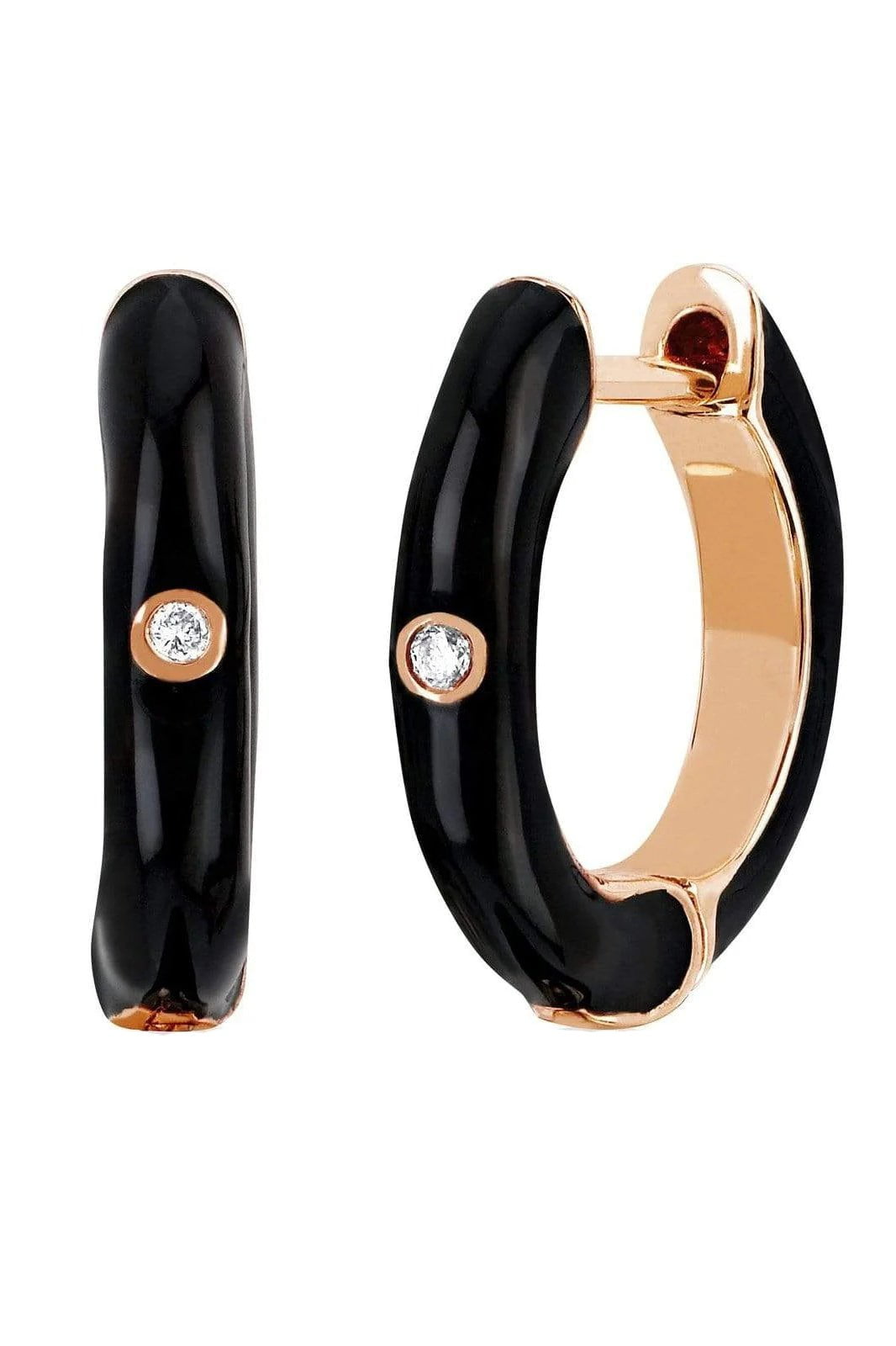 EF COLLECTION-Diamond Black Enamel Huggie Earring-ROSE GOLD
