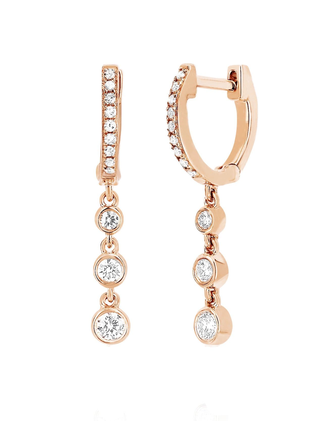 EF COLLECTION-Three Diamond Bezel Drop Huggies-ROSE GOLD