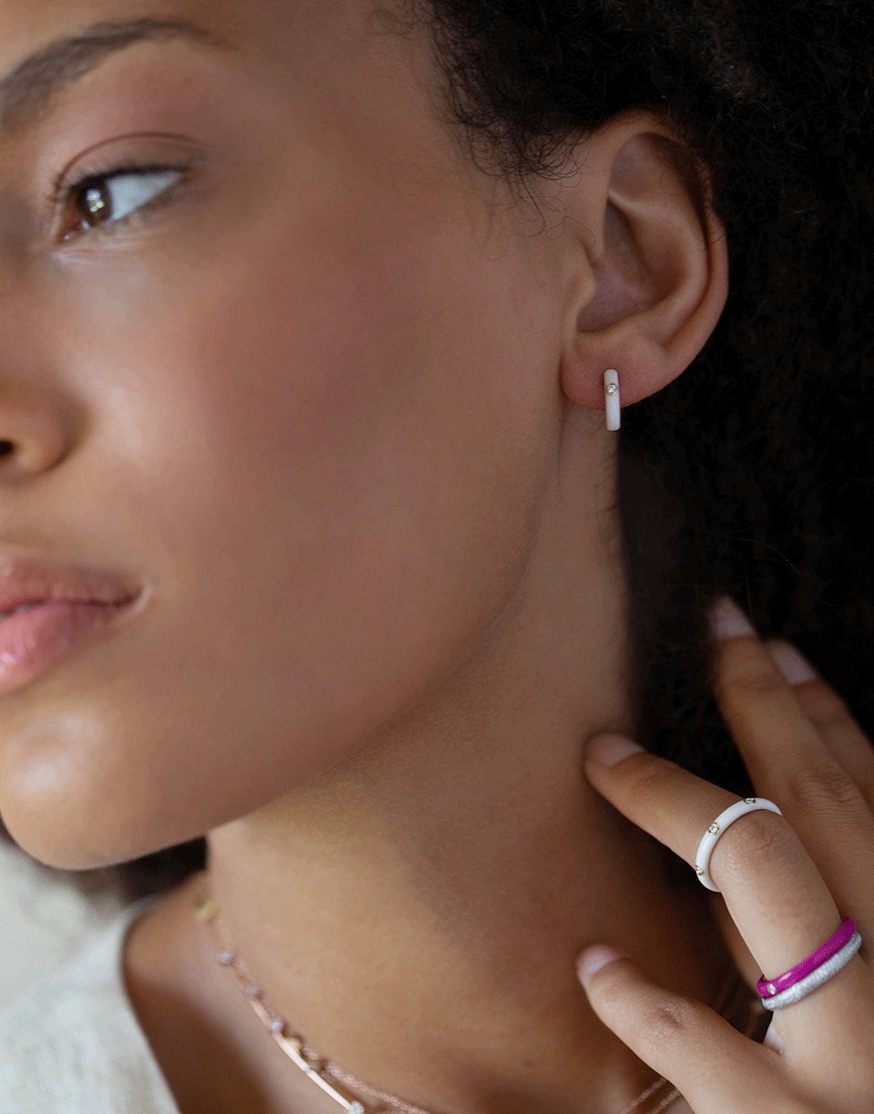 EF COLLECTION-White Enamel and Diamond Huggies-ROSE GOLD