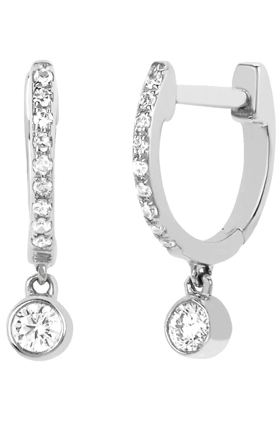 EF COLLECTION-Diamond Bezel Drop Mini Huggie Earrings-WHITE GOLD