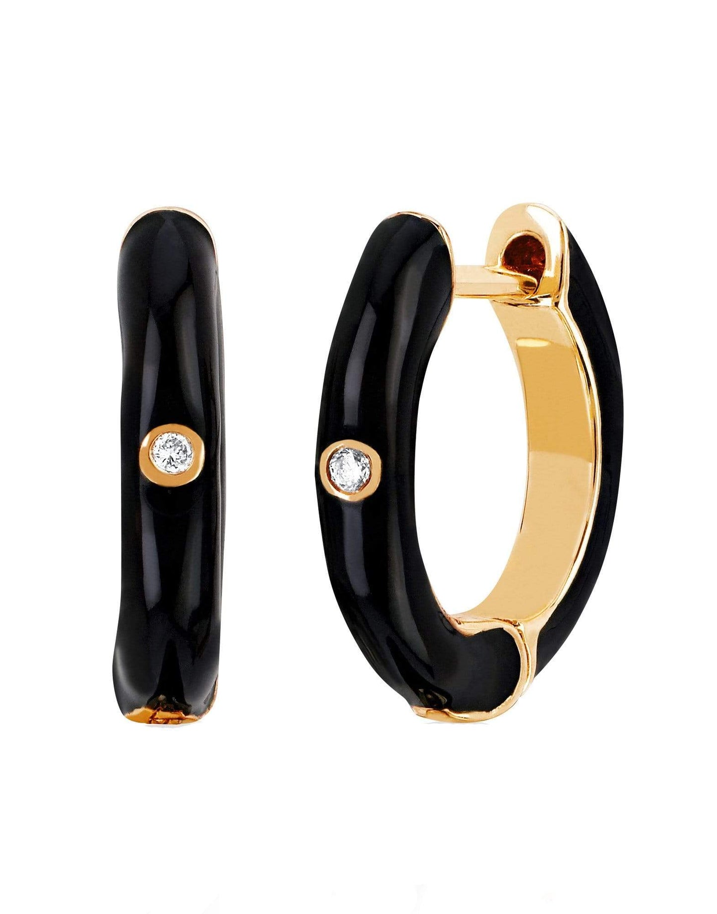 EF COLLECTION-Black Enamel and Diamond Huggies-YELLOW GOLD