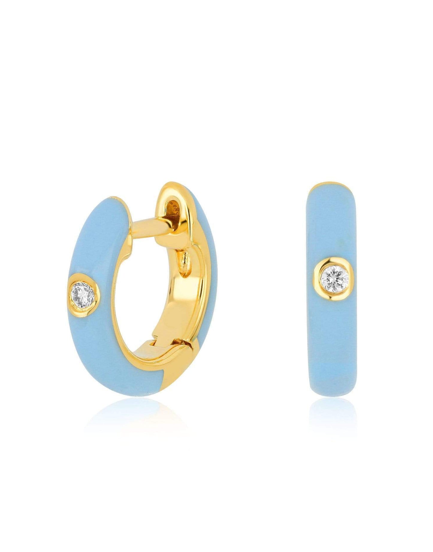 EF COLLECTION-Diamond Blue Enamel Huggie Earrings-YELLOW GOLD