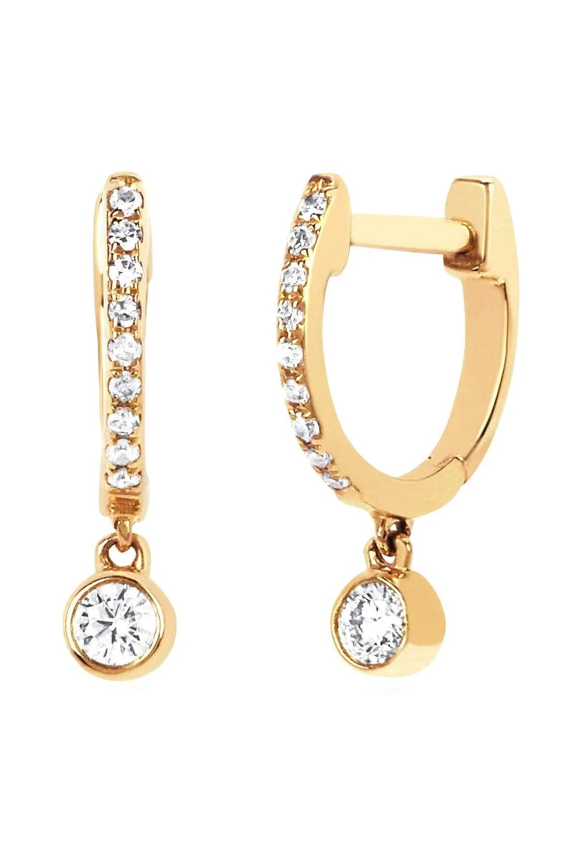 EF COLLECTION-Diamond Drop Mini Huggie Earrings-YELLOW GOLD
