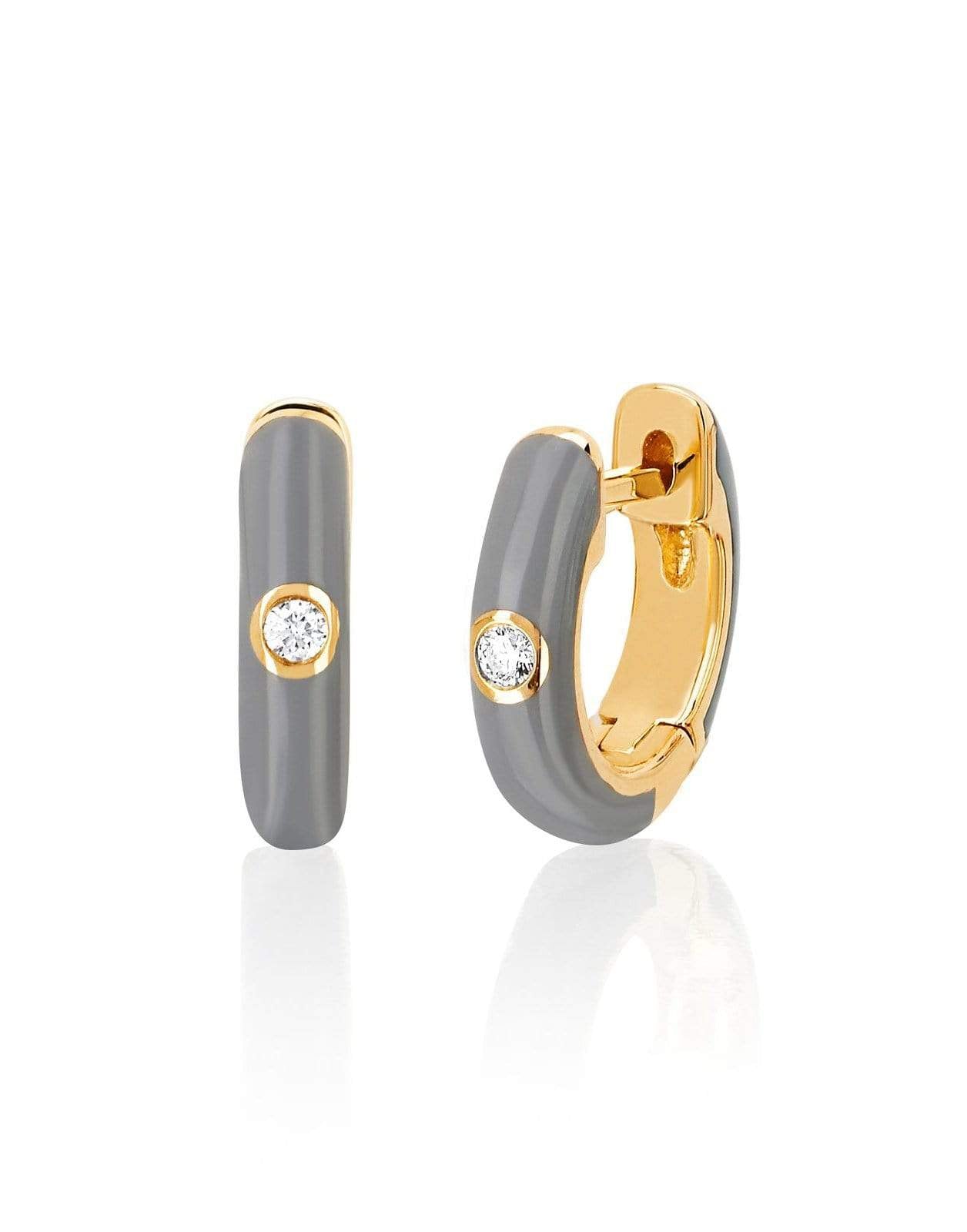 EF COLLECTION-Diamond Light Grey Enamel Huggie Earrings-YELLOW GOLD