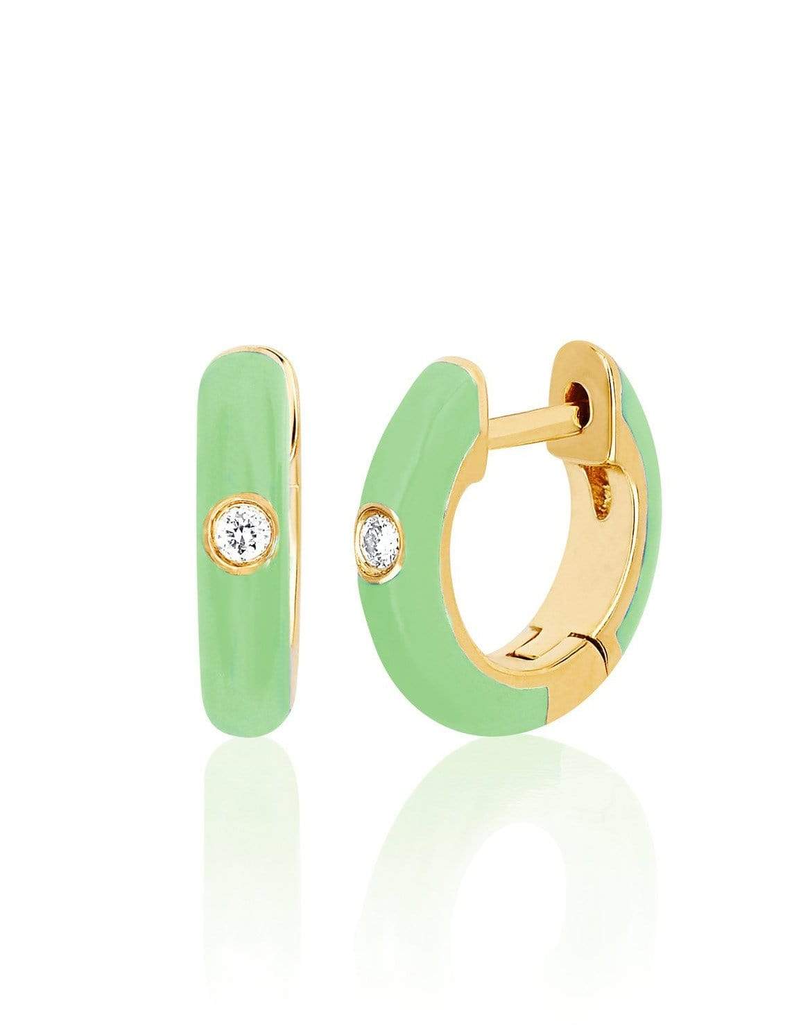 EF COLLECTION-Diamond Mint Enamel Huggie Earrings-YELLOW GOLD