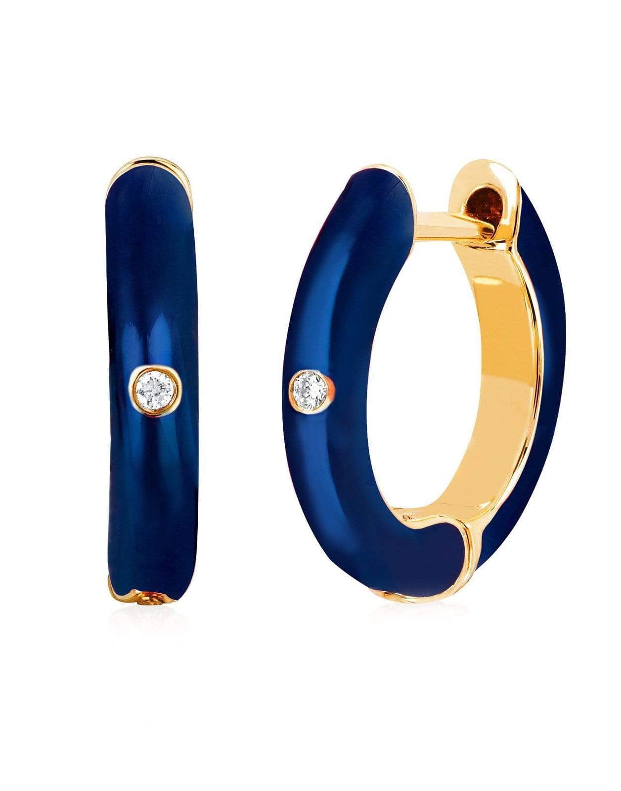 EF COLLECTION-Diamond Navy Enamel Huggie Earrings-YELLOW GOLD