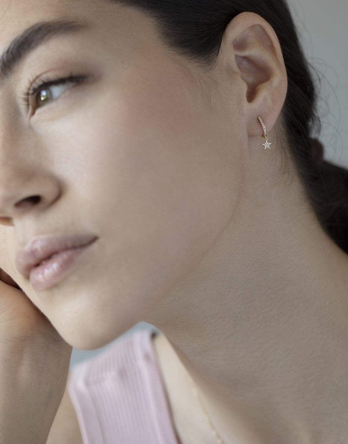 EF COLLECTION-Diamond Star Drop Mini Huggie Earrings-YELLOW GOLD