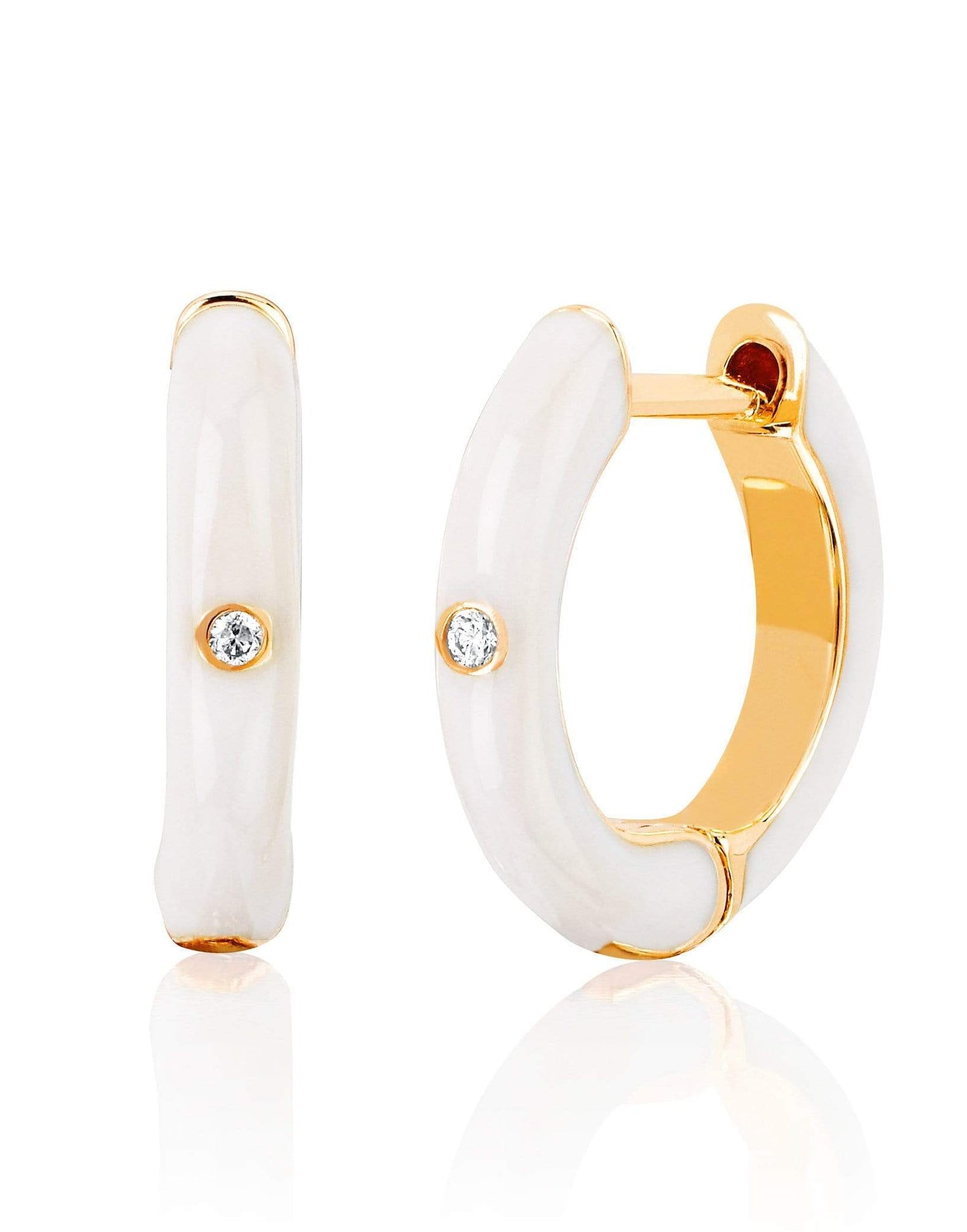 EF COLLECTION-Diamond White Enamel Huggie Earrings-YELLOW GOLD