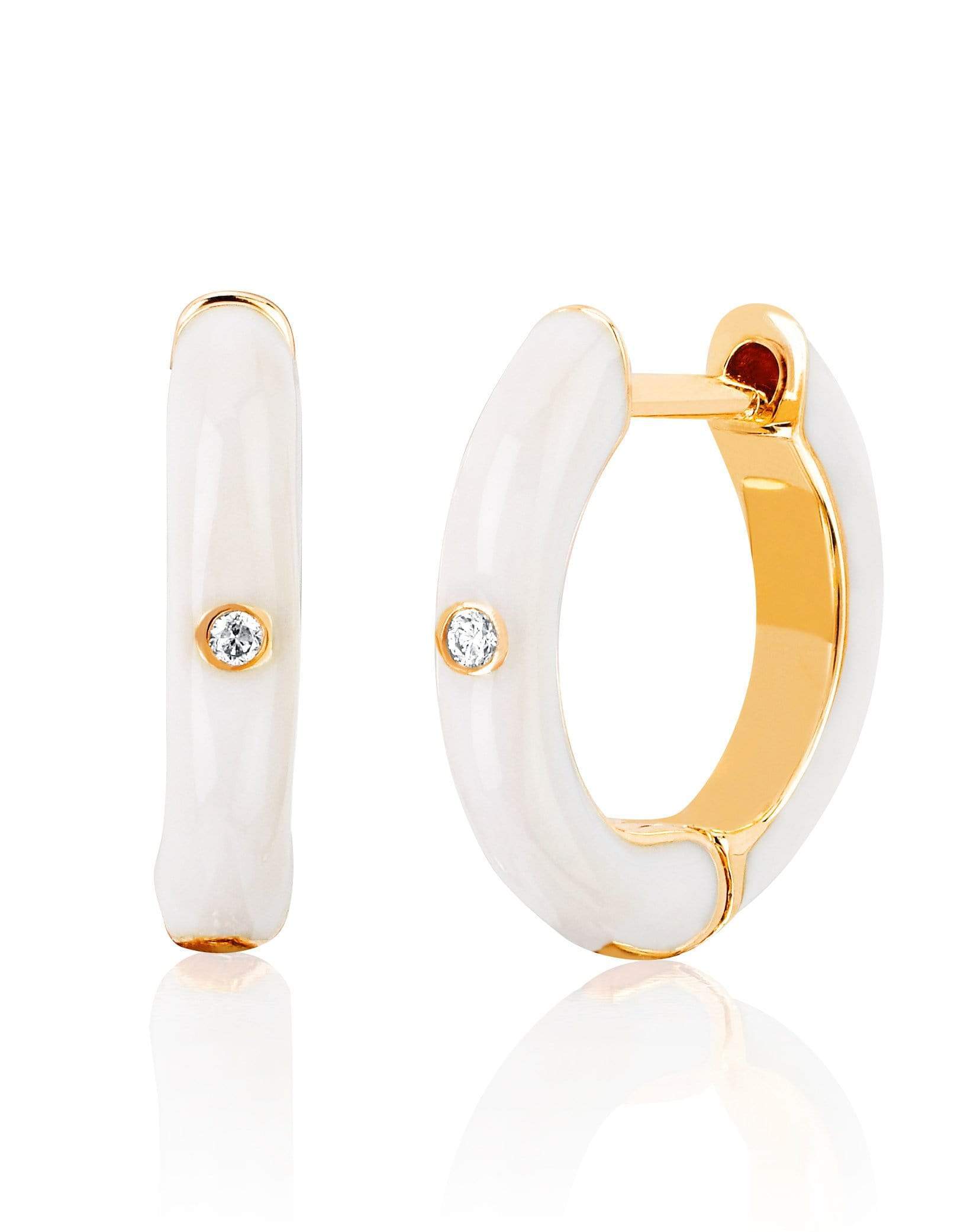 EF COLLECTION-Diamond White Enamel Huggie Earrings-YELLOW GOLD