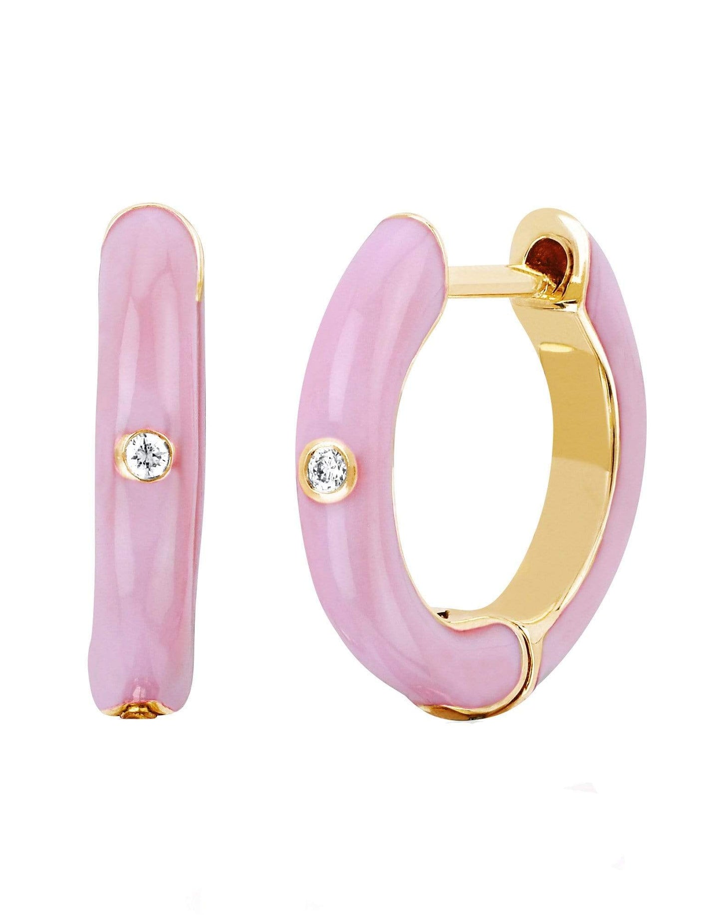 EF COLLECTION-Light Pink Enamel and Diamond Huggies-YELLOW GOLD