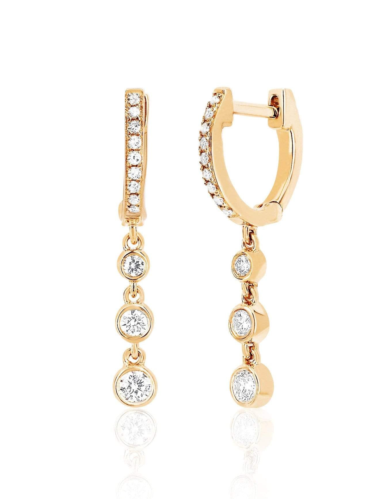 EF COLLECTION-Three Bezel Drop Diamond Huggie Earrings-YELLOW GOLD