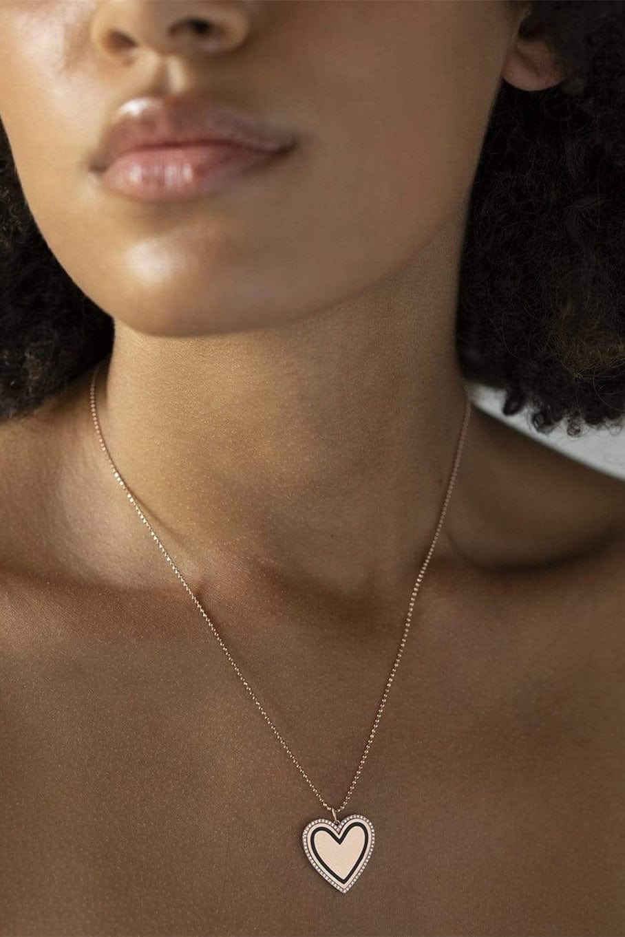 EF COLLECTION-Black Enamel and Diamond Heart Necklace-ROSE GOLD
