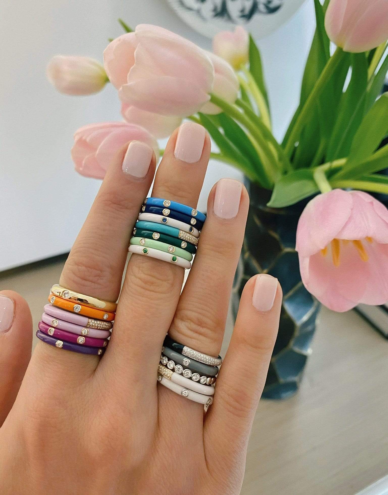 EF COLLECTION-3 Diamond Navy Enamel Stack Ring-WHITE GOLD