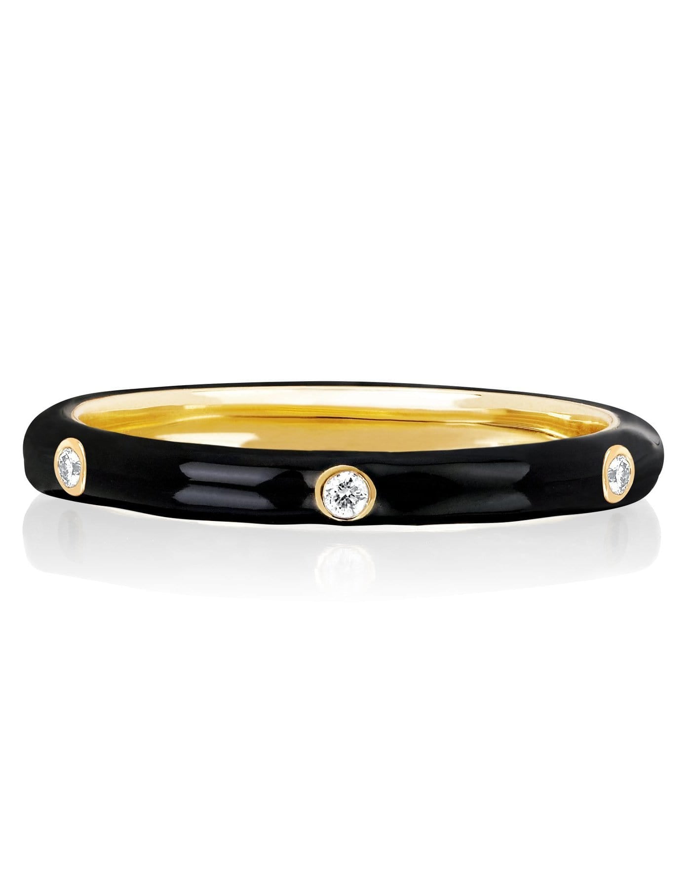 EF COLLECTION-3 Diamond Black Enamel Stack Ring-YELLOW GOLD