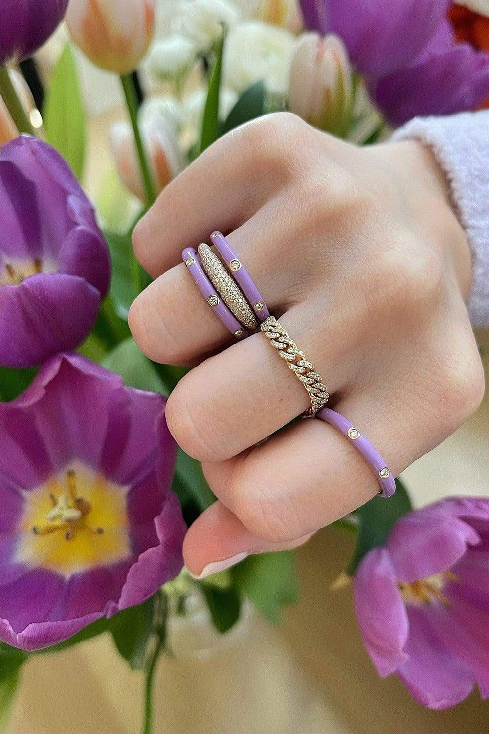 EF COLLECTION-3 Diamond Lavender Enamel Stack Ring-YELLOW GOLD